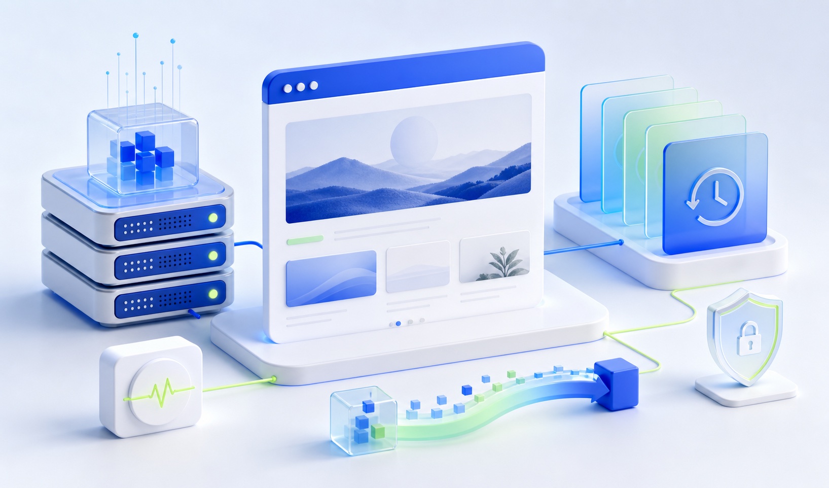 Infraestructura de hosting conectada a un sitio web, copias de seguridad y monitoreo.